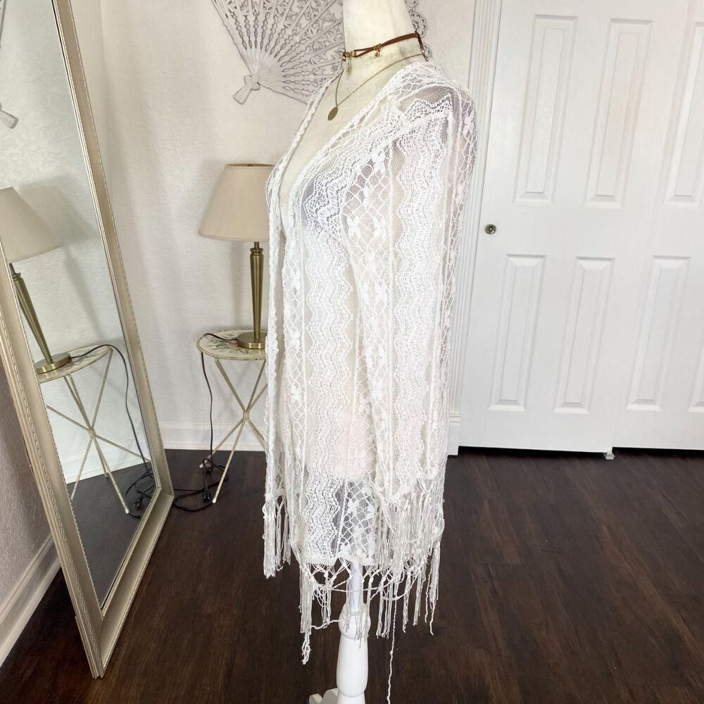 Style Apparel White Fringe Granny Lace Open Front Sheer Cardigan M - Picture 3 of 6